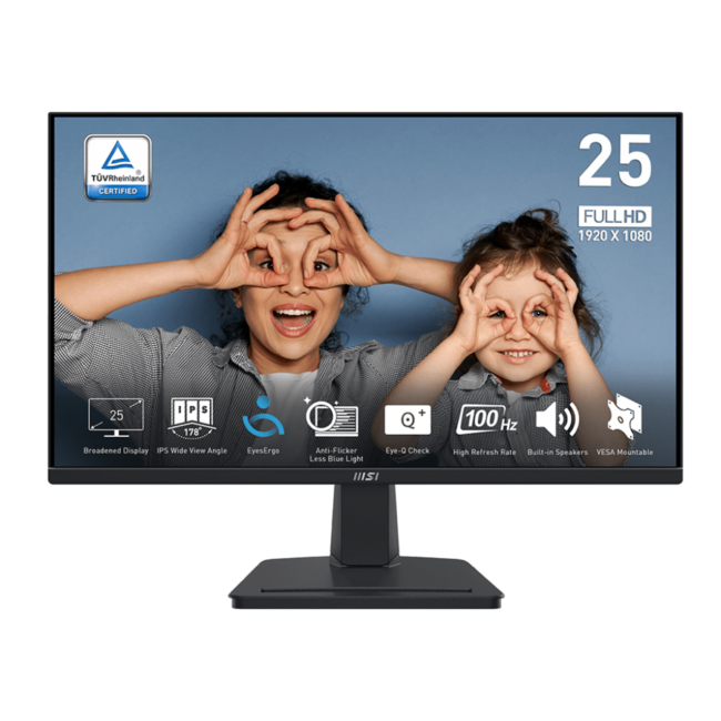 MSI PRO MP251 24.5 Inch Full HD Office Monitor - 1920 x 1080 IPS Panel, 100 Hz, Eye-Friendly Screen, Built-in Speakers, Tilt-Adjustable - HDMI 1.4b, D-Sub (VGA)