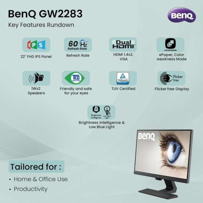 BenQ GW2283 22" (55 cm) 1920x1080p 60Hz IPS Full HD|Dual HDMI| Eye-Care| Low Blue Light| Bezel-Less Monitor|Anti-Glare|1WX2 Speakers| Brightness Intelligence| VESA Wall Mountable (Black) - Image 2