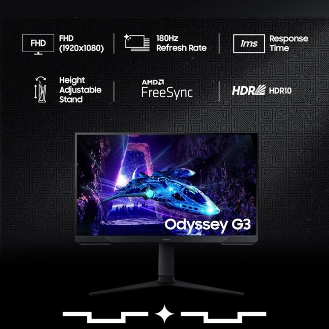 Samsung Odyssey G3 Gaming Monitor 60cm (24 inches), FHD 1920 X 1080, 180 Hz, 1ms(MPRT), AMD Freesync, DP, HDMI, Height, Tilt, Pivot Adjust Stand, Bezel-Less, Eye-Saver (LS24DG300EWXXL, Black) - Image 13