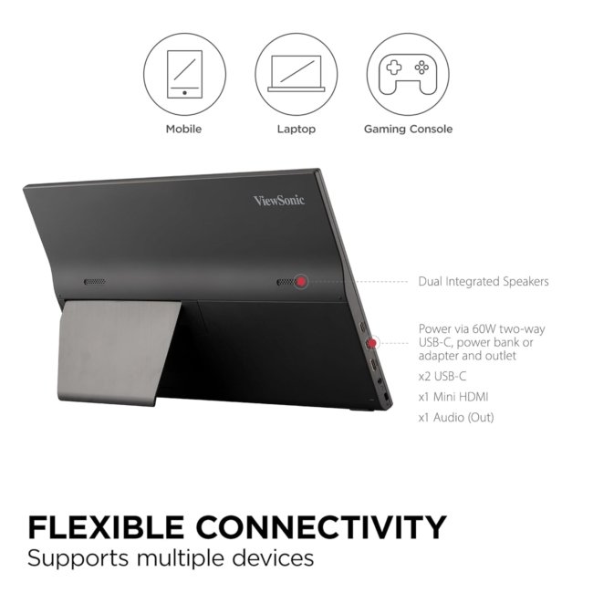 ViewSonic 40.64 Cm (16") FHD Portable Monitor for Multitasking Laptop Second screen | IPS | 2-Type-C | 60W Charge Back | Mini HDMI | Speaker | 680Grms | 9.85mm | Pivot-able Display |Kick Stand |VA1655 - Image 4