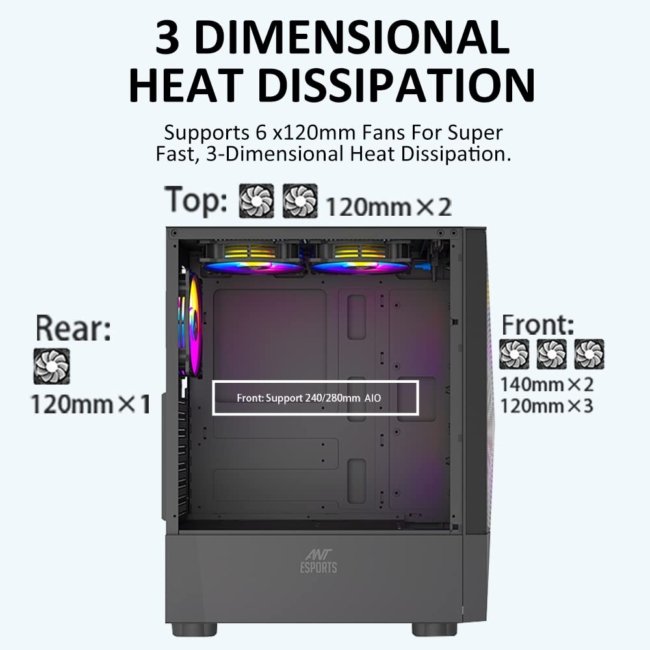 Ant Esports ICE-100 Mid-Tower Computer Case/Gaming Cabinet - Black | Supports ATX, Micro-ATX, Mini-ITX | Pre-Installed 2 x 140mm Front Fans and 1 x 140 mm Rear Fan - Image 4