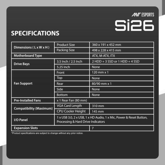 Ant Esports Si26 Value Series Mid-Tower Computer Case/Gaming Cabinet - Black | Support ATX, M-ATX, ITX | Pre-Installed Black Rear Fan - Image 9