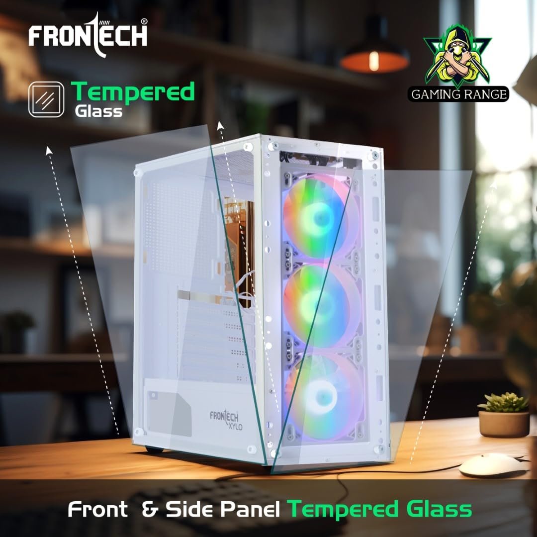 FRONTECH Xylo Gaming Cabinet/Computer Case with HD Audio | ATX Compatible with Tampered Glass Side Panel and Bottom SMPS Dock | 3x120 mm RGB Fan with Dust Filter, USB 3.0, 2xUSB 1.1 (FT4285W, White) - Image 4