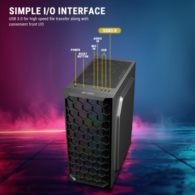 Ant Esports Elite 1120 Mid-Tower Computer Case/Gaming Cabinet - Black | Support ATX, M-ATX, ITX | Pre- Installed 3 x 120mm Front and 1 x 120mm Rear Rainbow Fans - Image 2