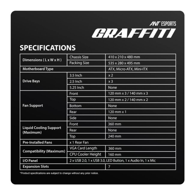 Ant Esports Graffiti Mid- Tower Computer Case/Gaming Cabinet - Black | Supports ATX, Micro-ATX, Mini-ITX | Pre-Installed 1 x 120mm Rear Fan - Image 9