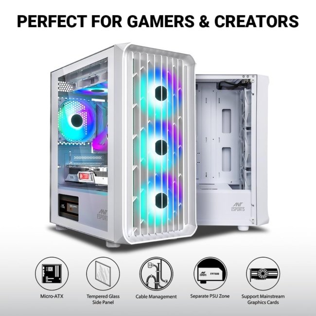 Ant Esports 205 Mini 6F Mini-Tower Computer Case/Gaming Cabinet - White | Support Micro-ATX, Mini-ITX | Pre-Installed 6 ARGB Fans - Image 2