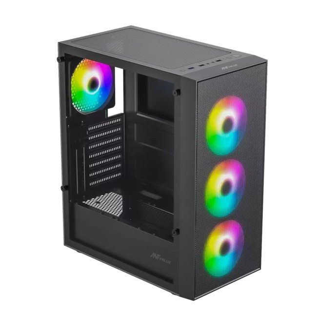 Ant Value VM40 ATX Computer Case/Gaming Cabinet - Black | Support ATX, M-ATX, ITX | Pre-Installed 3 Front & 1 Rear Rainbow Fans
