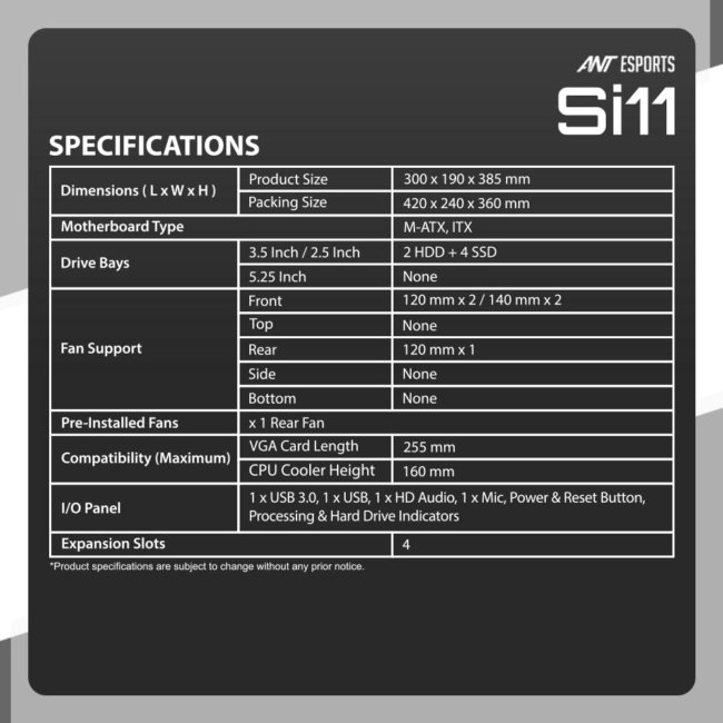 Ant Esports Si11 Value Series Mid-Tower Computer Case/Gaming Cabinet - Black | Support M-ATX, ITX | Pre-Installed 1 x 120 mm Black Rear Fan - Image 9