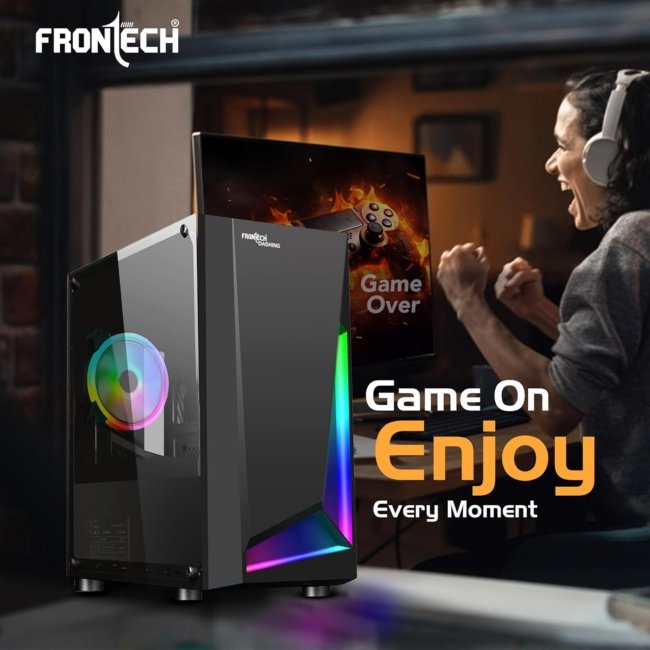FRONTECH Dashing Gaming Cabinet/Computer Case with HD Audio | ATX/M-ATX Compatible, Tampered Glass Side Panel, Bottom SMPS Dock | 120 mm RGB Fan with Dust Filter, USB 3.0, 2xUSB 1.1 (FT 4286, Black) - Image 5