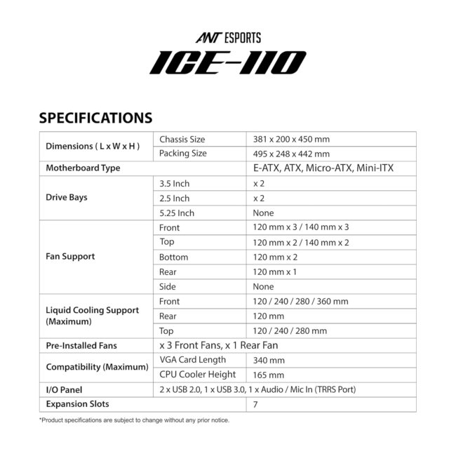 Ant Esports ICE-110 Mid-Tower Computer Case/Gaming Cabinet - Black | Supports E-ATX, ATX, Micro-ATX, Mini-ITX | Pre-Installed 3 x 120mm Front Fans and 1 x 120 mm Rear Fan - Image 7