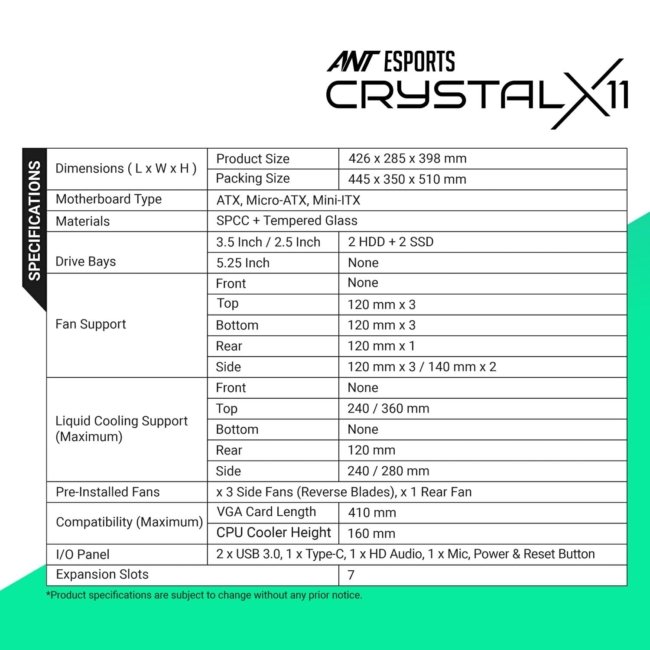 Ant Esports Crystal X11 Mid-Tower High End Computer Case/Gaming Cabinet - Green Black | Support ATX, Micro-ATX, Mini-ITX | Pre-Installed 4 x 120 mm ARGB Fan - Image 11