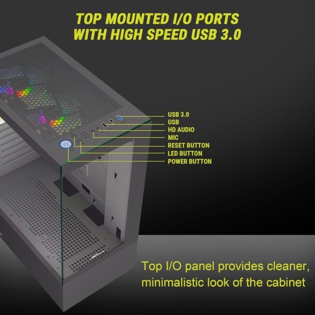 Ant Value Tempered_Glass CV100 Mid-Tower Computer Case/Gaming Cabinet Â– Black | Support ATX, M-ATX, ITX | Pre-Installed 2 Top & 1 Rear Rainbow Fans - Image 2