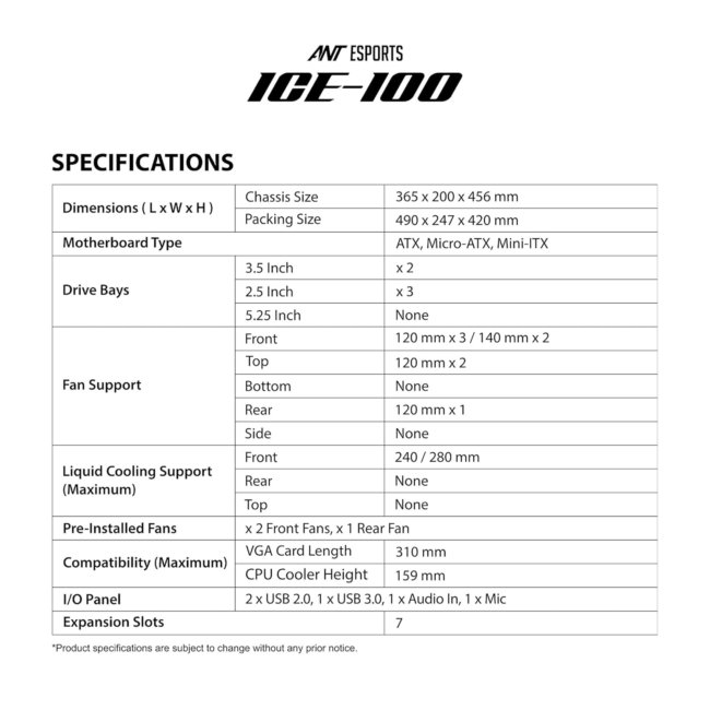 Ant Esports ICE-100 Mid-Tower Computer Case/Gaming Cabinet - Black | Supports ATX, Micro-ATX, Mini-ITX | Pre-Installed 2 x 140mm Front Fans and 1 x 140 mm Rear Fan - Image 7