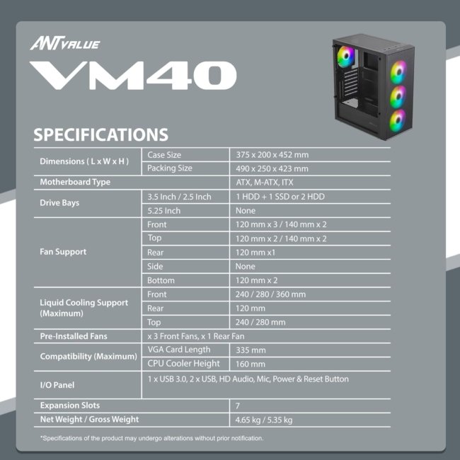 Ant Value VM40 ATX Computer Case/Gaming Cabinet - Black | Support ATX, M-ATX, ITX | Pre-Installed 3 Front & 1 Rear Rainbow Fans - Image 7