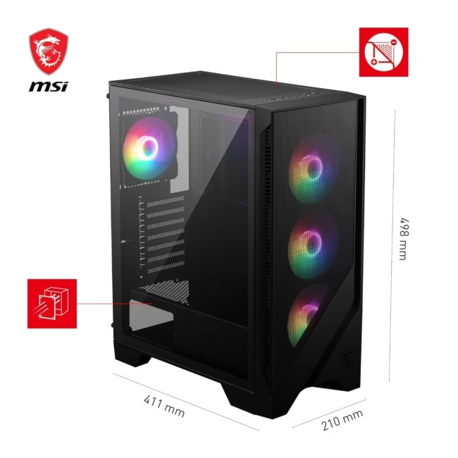 MSI MAG Forge 120A Airflow Premium Gaming PC Case: Auto RGB Fan, Vertical GPU Bracket, Side Air Vents, 360mm Radiator Support, 4mm Thick Tempered Glass, Supports Up to 8 Fans - Image 2