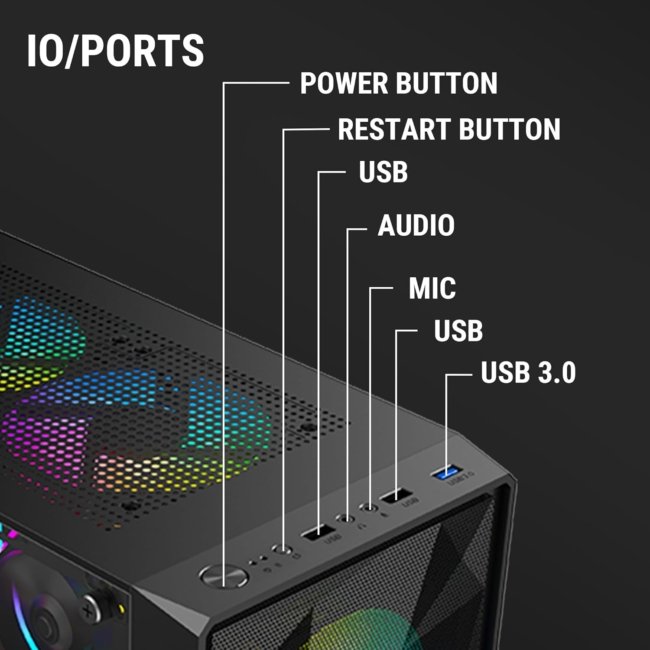Ant Value Tempered_Glass VM41 Mid-Tower Computer Case/Gaming Cabinet - Black | Support ATX, M-ATX, ITX | Pre-Installed 3 Front & 1 Rear Rainbow Fans - Image 2