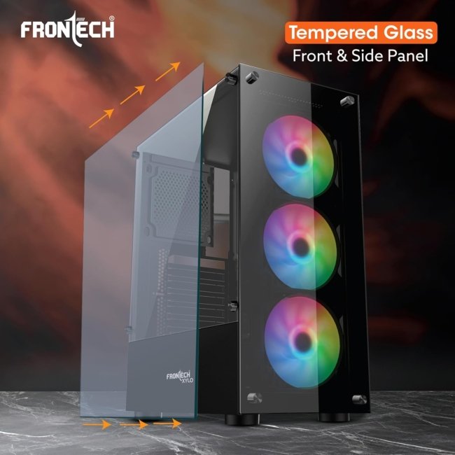 FRONTECH Xylo Gaming Cabinet/Computer Case with HD Audio | ATX Compatible with Tampered Glass Side Panel and Bottom SMPS Dock | 3x120 mm RGB Fan with Dust Filter, USB 3.0, 2xUSB 1.1 (FT4285, Black) - Image 4