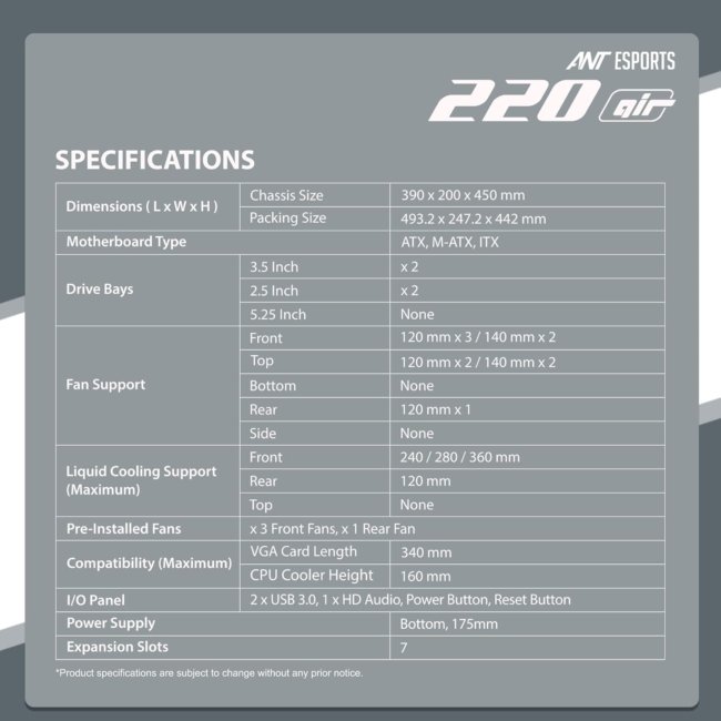 Ant Esports 220 Air Mid- Tower Computer Case/Gaming Cabinet - Black | Support - ATX, M-ATX, ITX | Pre-Installed 3 x 120mm Front Fans and 1 x 120mm Rear Fan - Image 7