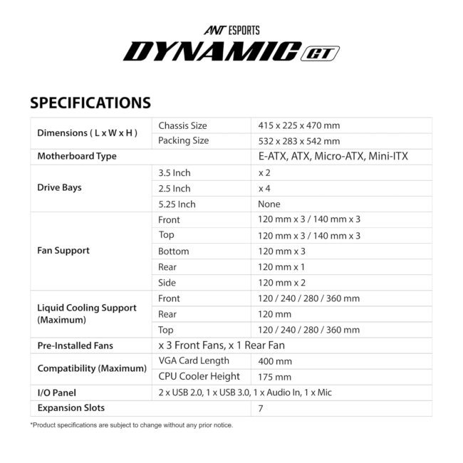 Ant Esports Dynamic GT Mid-Tower Computer Case/Gaming Cabinet - Black | Supports E-ATX, ATX, Micro-ATX, Mini-ITX | Pre-Installed 3 x 120mm Front Fans and 1 x 120 mm Rear Fan - Image 7