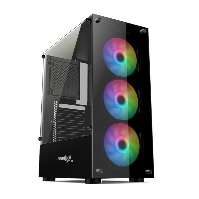 FRONTECH Xylo Gaming Cabinet/Computer Case with HD Audio | ATX Compatible with Tampered Glass Side Panel and Bottom SMPS Dock | 3x120 mm RGB Fan with Dust Filter, USB 3.0, 2xUSB 1.1 (FT4285, Black)