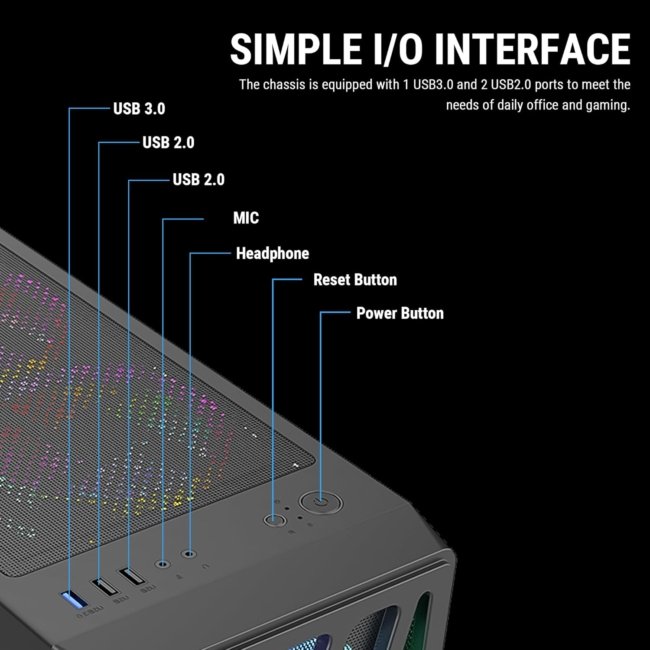 Ant Esports Elite 1100 Mid-Tower Computer Case/Gaming Cabinet - Black | Support ATX, M-ATX, ITX | Pre- Installed 3 x 120mm Front and 1 x 120mm Rear Rainbow Fans - Image 6