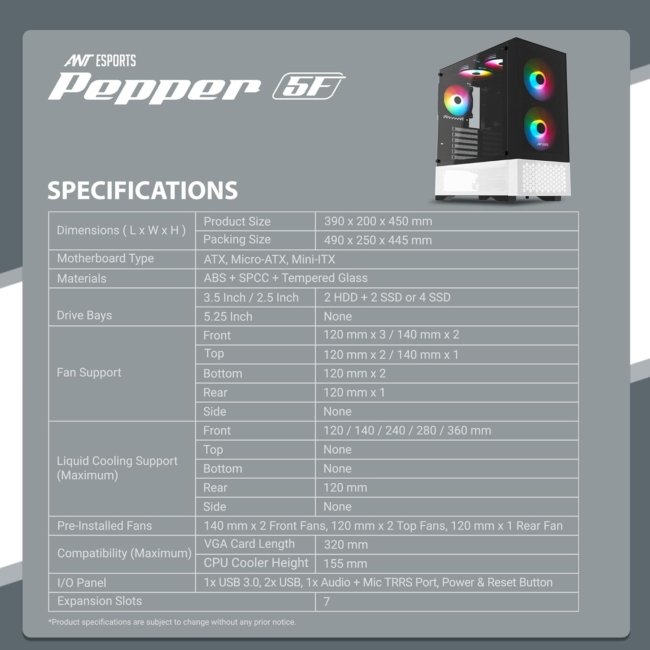 Ant Esports Pepper 5F Mid-Tower Dual Color Computer Case/Gaming Cabinet - Black/White | Support ATX, Micro-ATX, Mini-ITX | Pre-Installed 5 ARGB Fans - Image 7