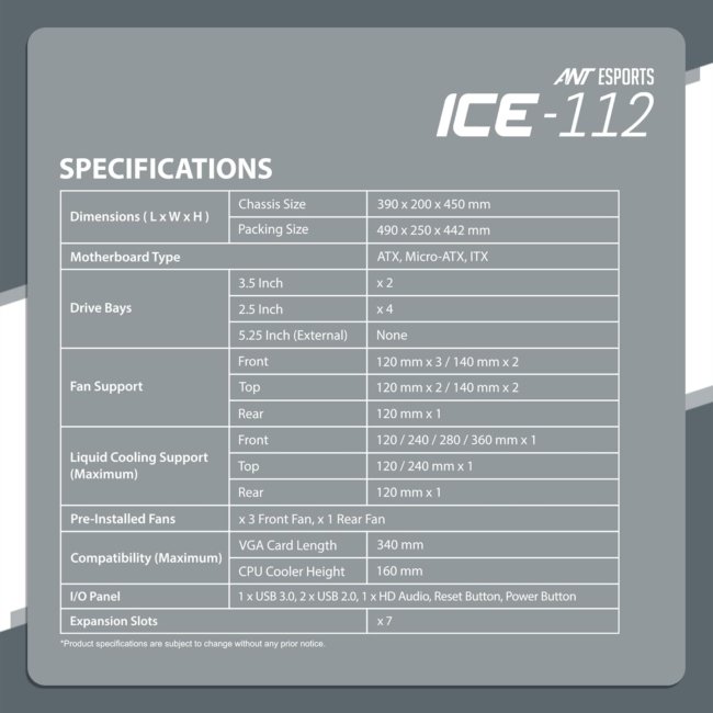 Ant Esports ICE- 112 Mid- Tower Computer Case/Gaming Cabinet - White | Support ATX, Micro-ATX, ITX | Pre-Installed 3 Front Fans & 1 Rear Fan - Image 9