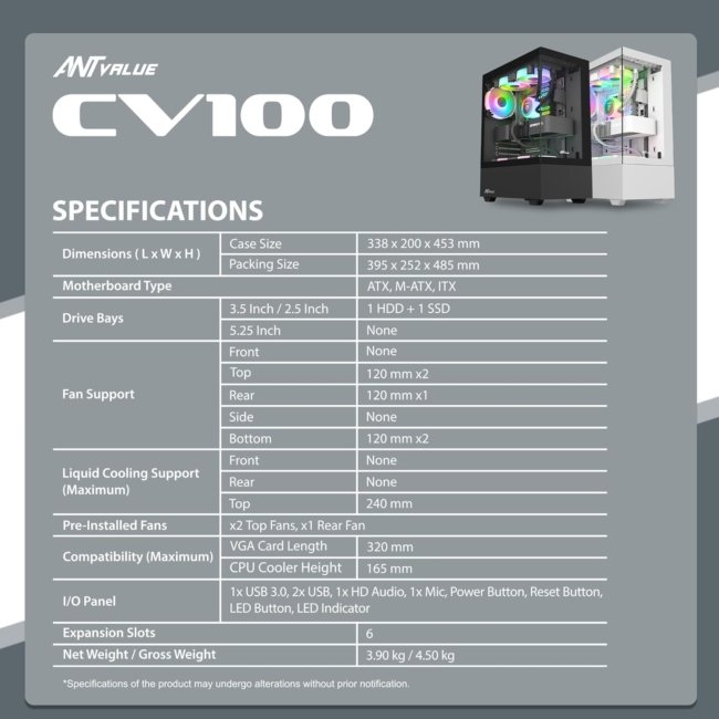 Ant Value Tempered_Glass CV100 Mid-Tower Computer Case/Gaming Cabinet Â– Black | Support ATX, M-ATX, ITX | Pre-Installed 2 Top & 1 Rear Rainbow Fans - Image 6
