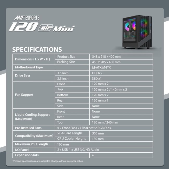 Ant Esports 120 Air Mini M-ATX Computer Case/Gaming Cabinet - Black | Support M-ATX, M-ITX | Pre-Installed 3 Static RGB Fans - Image 6