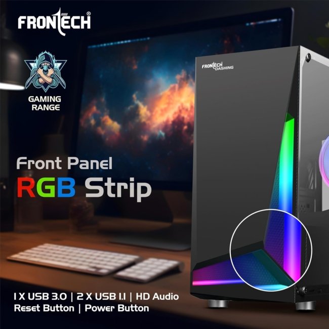 FRONTECH Dashing Gaming Cabinet/Computer Case with HD Audio | ATX/M-ATX Compatible, Tampered Glass Side Panel, Bottom SMPS Dock | 120 mm RGB Fan with Dust Filter, USB 3.0, 2xUSB 1.1 (FT 4286, Black) - Image 2