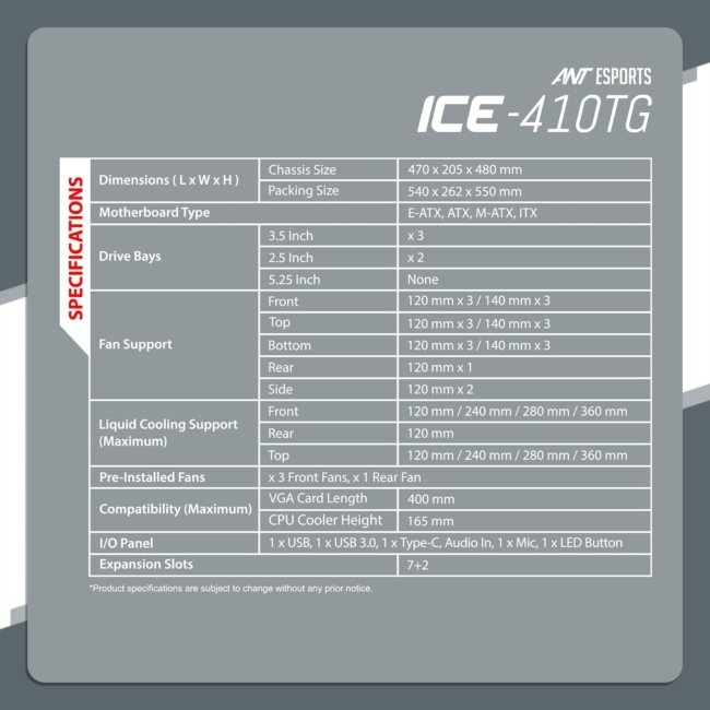 Ant Esports ICE- 410TG Mid- Tower Computer Case/Gaming Cabinet with Type C - Black | Support E-ATX, ATX, M-ATX, ITX | Pre-Installed 3 x 120 mm ARGB Front Fans and 1 x 120mm ARGB Rear Fan - Image 8