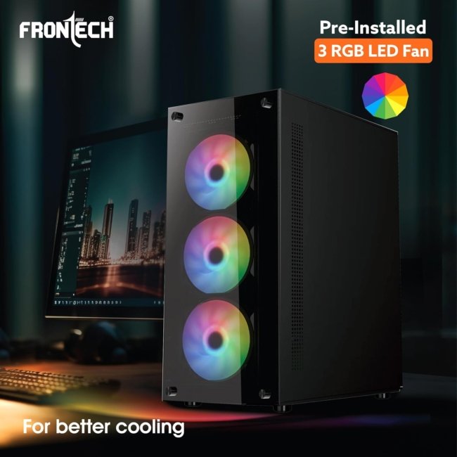 FRONTECH Xylo Gaming Cabinet/Computer Case with HD Audio | ATX Compatible with Tampered Glass Side Panel and Bottom SMPS Dock | 3x120 mm RGB Fan with Dust Filter, USB 3.0, 2xUSB 1.1 (FT4285, Black) - Image 3