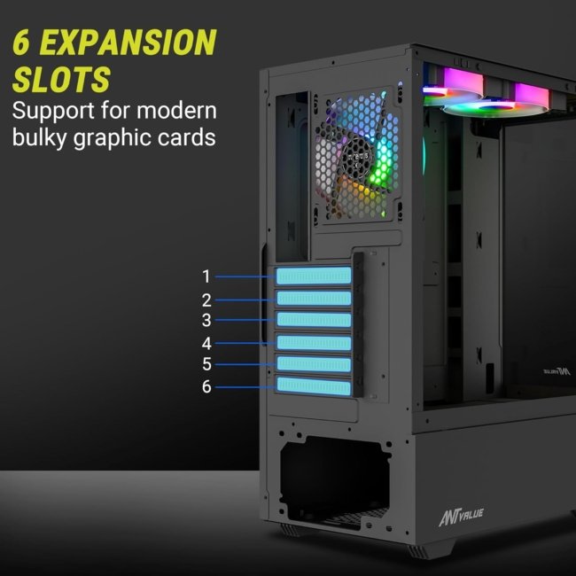Ant Value Tempered_Glass CV100 Mid-Tower Computer Case/Gaming Cabinet Â– Black | Support ATX, M-ATX, ITX | Pre-Installed 2 Top & 1 Rear Rainbow Fans - Image 3
