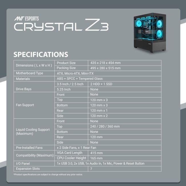 Ant Esports Crystal Z3 Mid-Tower Computer Case/Gaming Cabinet – Black | Support ATX, M-ATX, ITX | Pre-Installed 3 ARGB Fans - Image 10
