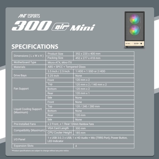 Ant Esports 300 Air Mini Mid-Tower Computer Case/Gaming Cabinet - Black | Support Micro-ATX, Mini-ITX | Pre-Installed 2 Front & 1 Rear Rainbow Fan - Image 7