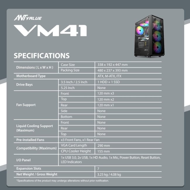 Ant Value Tempered_Glass VM41 Mid-Tower Computer Case/Gaming Cabinet - Black | Support ATX, M-ATX, ITX | Pre-Installed 3 Front & 1 Rear Rainbow Fans - Image 8