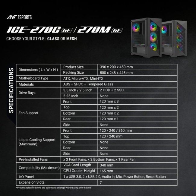 Ant Esports ICE- 270G 6F Mid-Tower ATX Computer Case/Gaming Cabinet with Front Glass Panel - Black | Support ATX, Micro-ATX, Mini-ITX | Pre-Installed 6 Static RGB Fans - Image 7