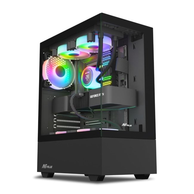 Ant Value Tempered_Glass CV100 Mid-Tower Computer Case/Gaming Cabinet Â– Black | Support ATX, M-ATX, ITX | Pre-Installed 2 Top & 1 Rear Rainbow Fans