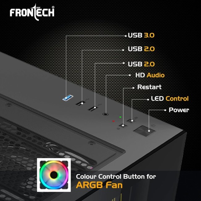 FRONTECH Premium and Gaming Computer Cabinet/Gaming Computer Case with 4 x 120 mm ARGB Fan| Glass Panel | 2XUSB 2.0| 1XUSB 3.0| HD Audio (FT-4343) - Image 5