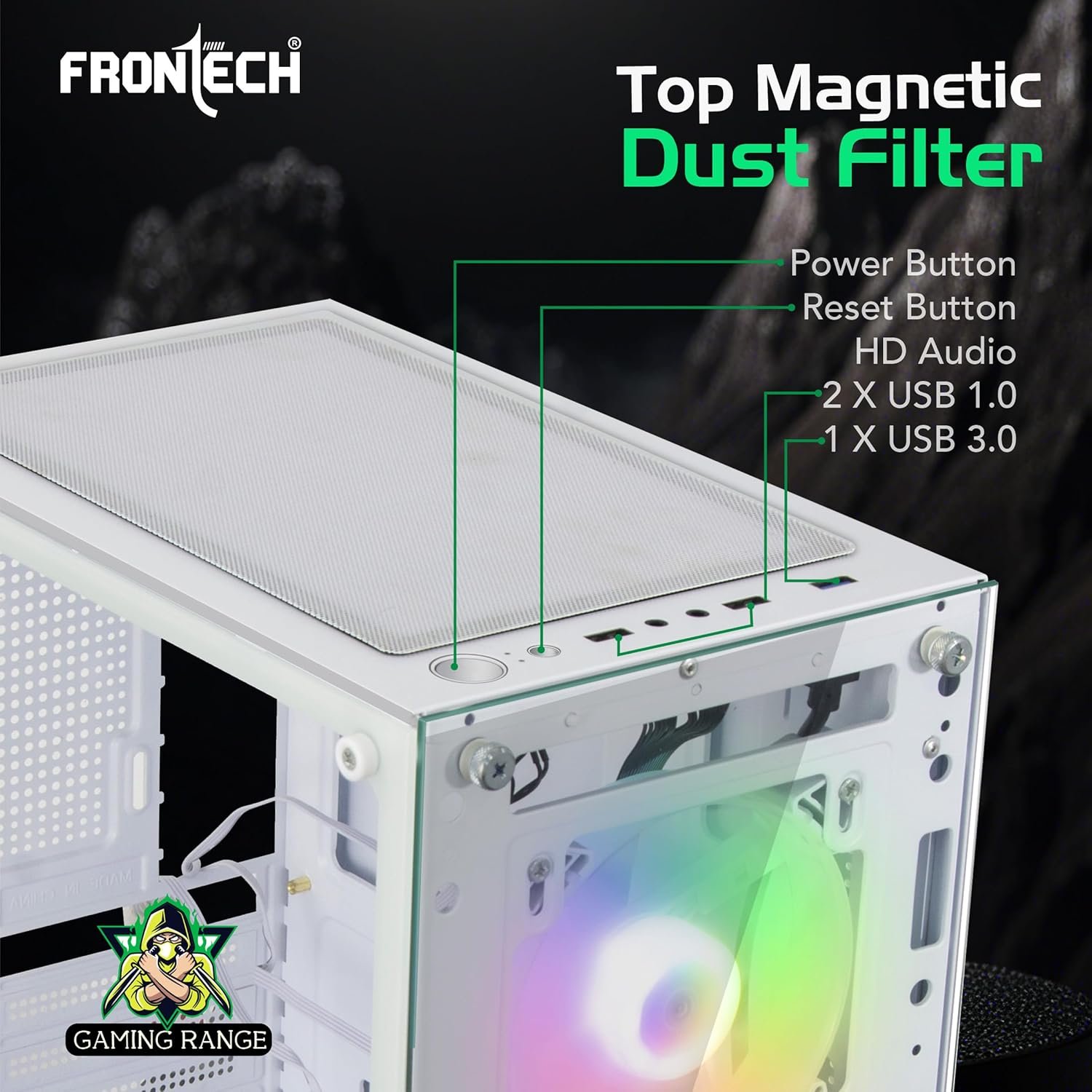 FRONTECH Xylo Gaming Cabinet/Computer Case with HD Audio | ATX Compatible with Tampered Glass Side Panel and Bottom SMPS Dock | 3x120 mm RGB Fan with Dust Filter, USB 3.0, 2xUSB 1.1 (FT4285W, White) - Image 2