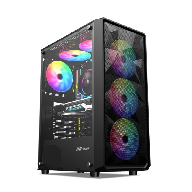 Ant Value Tempered_Glass VM41 Mid-Tower Computer Case/Gaming Cabinet - Black | Support ATX, M-ATX, ITX | Pre-Installed 3 Front & 1 Rear Rainbow Fans