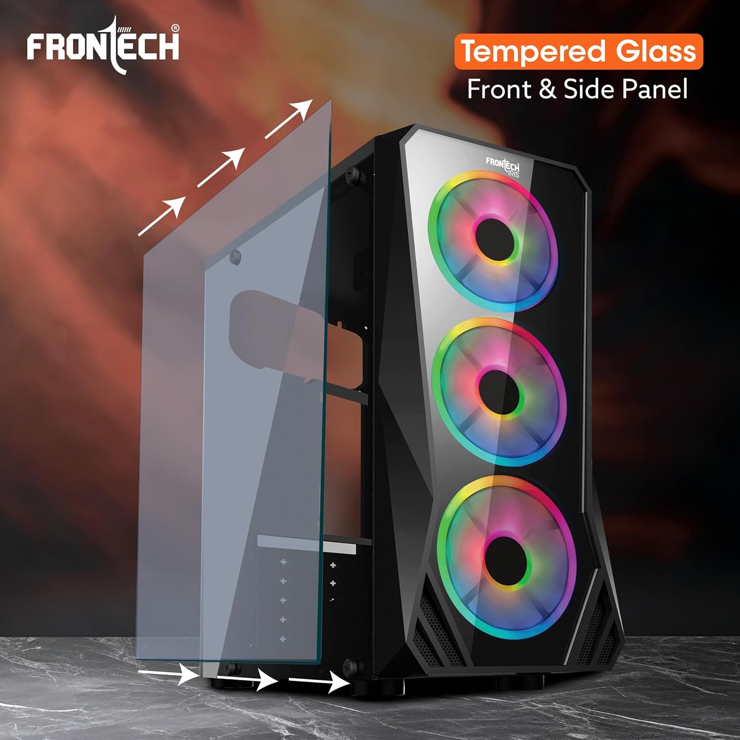 FRONTECH IRIS Gaming Cabinet/Computer Case with HD Audio | ATX/Mini ATX Compatible with Glass Side Panel | 3 x 120mm RGB Fan, 1 x USB 3.0, 2 x USB 1.0 (FT 4356, Black) - Image 5