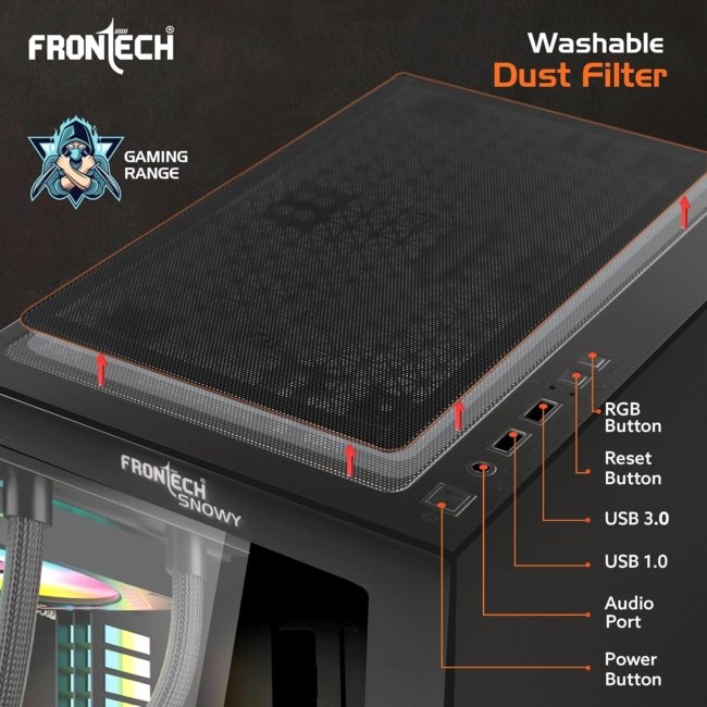 FRONTECH Premium Snowy Gaming Computer Cabinet/Gaming Computer Case with RGB Fan and Tempered Glass - High Performance| USB 1.1| USB 3.0| Washable Dust Filter| HD Audio (FT-4288, Black) - Image 5