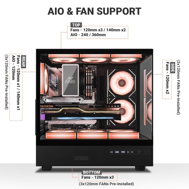 Ant Esports Crystal X6 ATX Mid-Tower Computer Case/Gaming Cabinet with Type-C - Black | Support ATX, Micro-ATX, Mini-ITX | Pre-Installed 6 ARGB Infinity Mirror Fans | Dual Front Panel (Mesh/Glass) - Image 3
