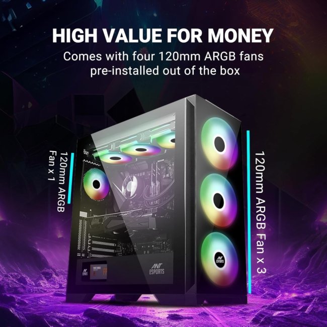 Ant Esports ICE-590TG Mid- Tower Computer Case/Gaming Cabinet - Black | Support E-ATX, ATX, Micro-ATX, ITX | Pre-Installed 3 Front Fans - Image 3