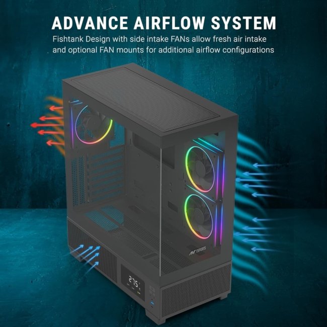 Ant Esports Crystal X3 LCD Mid-Tower ATX Computer Case/Gaming Cabinet - Black | Support ATX, Micro-ATX, Mini-ITX | Pre-Installed 3 ARGB Fans - Image 3