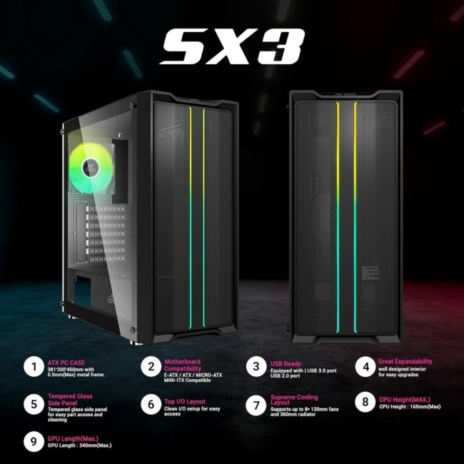 Ant Esports SX3 Mid- Tower Computer Case/Gaming Cabinet - Black | Support E-ATX, ATX, Micro-ATX, Mini-ITX | Pre- Installed 1 Rear Fan - Image 8