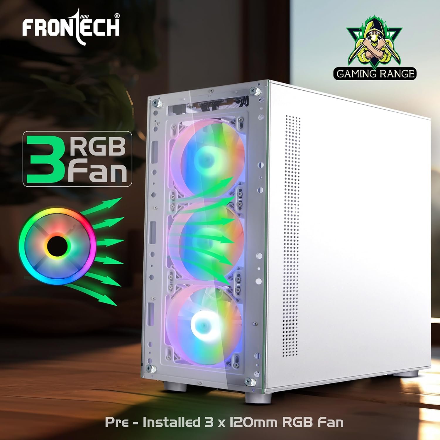 FRONTECH Xylo Gaming Cabinet/Computer Case with HD Audio | ATX Compatible with Tampered Glass Side Panel and Bottom SMPS Dock | 3x120 mm RGB Fan with Dust Filter, USB 3.0, 2xUSB 1.1 (FT4285W, White) - Image 3