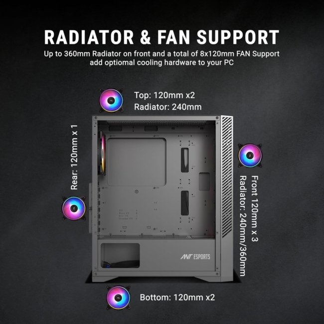 Ant Esports ICE- 270G 6F Mid-Tower ATX Computer Case/Gaming Cabinet with Front Glass Panel - Black | Support ATX, Micro-ATX, Mini-ITX | Pre-Installed 6 Static RGB Fans - Image 5
