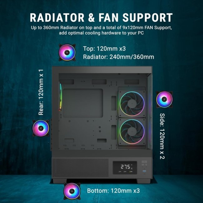Ant Esports Crystal X3 LCD Mid-Tower ATX Computer Case/Gaming Cabinet - Black | Support ATX, Micro-ATX, Mini-ITX | Pre-Installed 3 ARGB Fans - Image 2